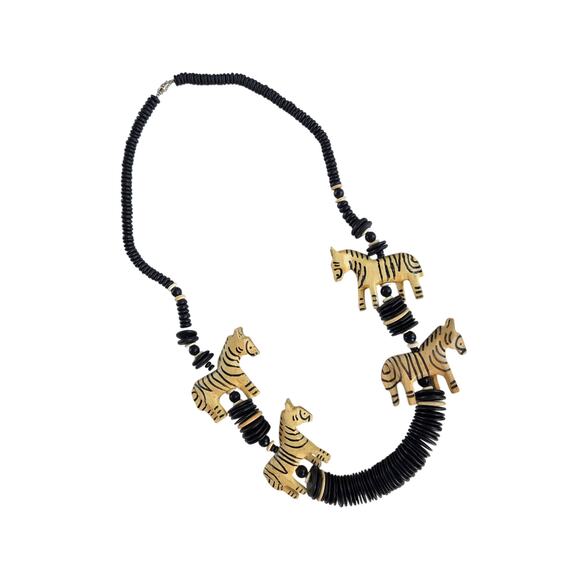 Vintage Hand-Carved Zebra Animal Necklace Wood Beads Tribal Safari Kenya 29” - Picture 2 of 7
